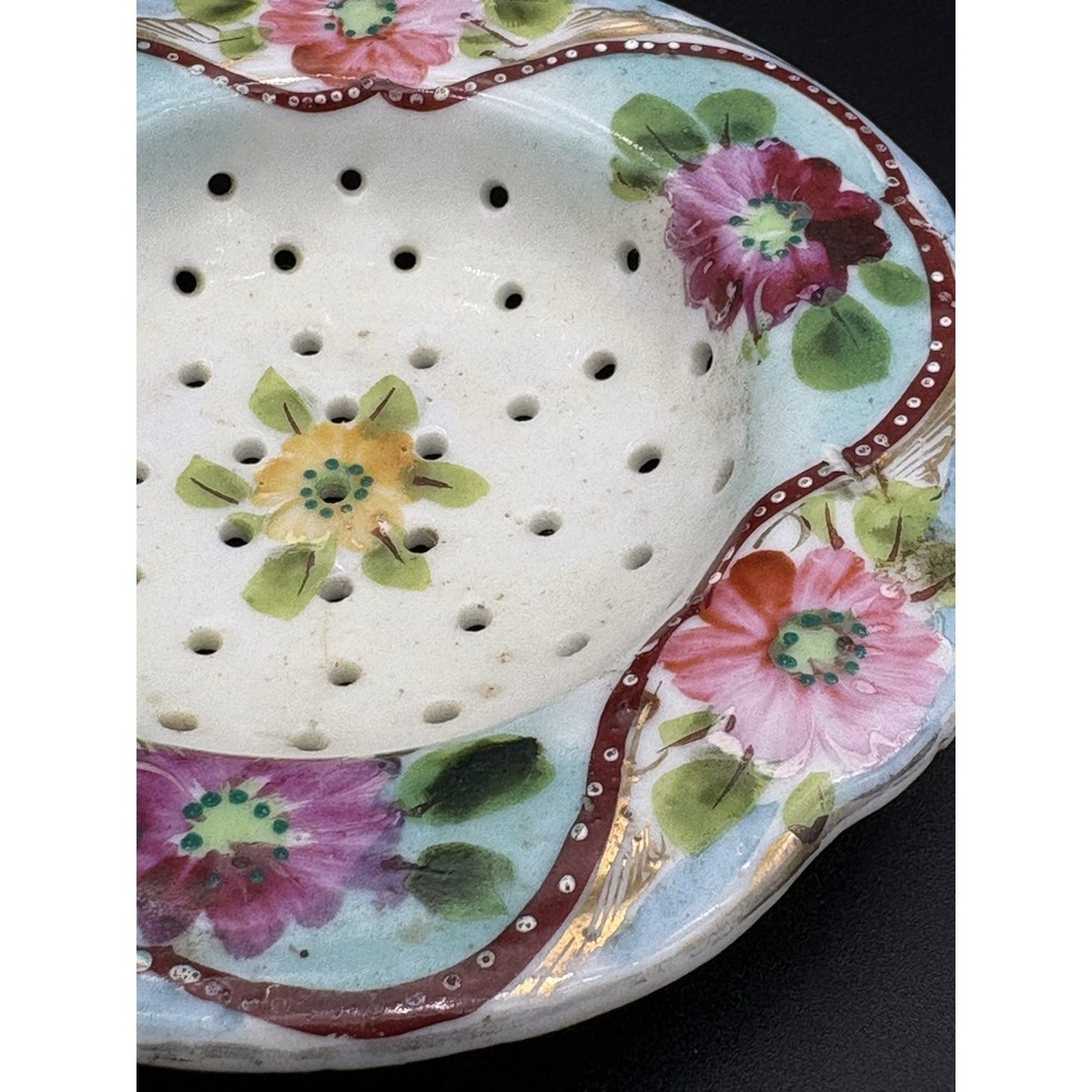 Antique Hand Painted Porcelain Tea Strainer Vibrant Pink Roses Gold Moriage Trim - Picture 4 of 8
